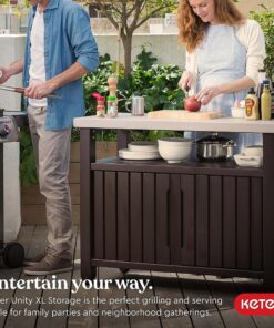 Keter Unity XL Outdoor Kitchen Island Rolling Cart Bar Table & Storage Cabinet, Grill Station with Utensil Hooks for Grilling Accessories, Brown Table and Cabinet 30 81kCvoIheFL