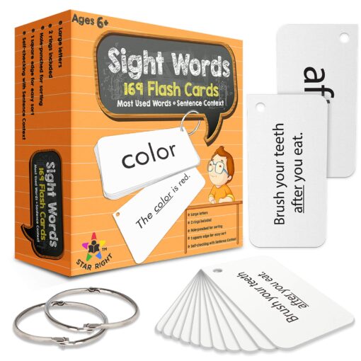 Star Right Education Sight Words Flash Cards, 169 Sight Words and Sentences With 2 Rings