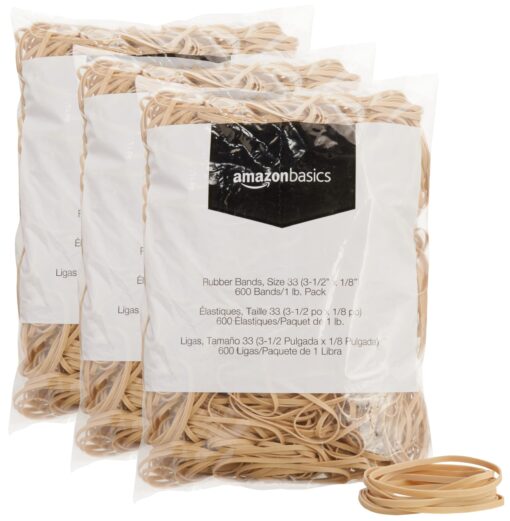 Amazon Basics Rubber Bands, Size 33 (3-1/2 x 1/8 Inch), 600 Bands/1 lb Pack, 3-Pack, Tan Size 33 (1/8")