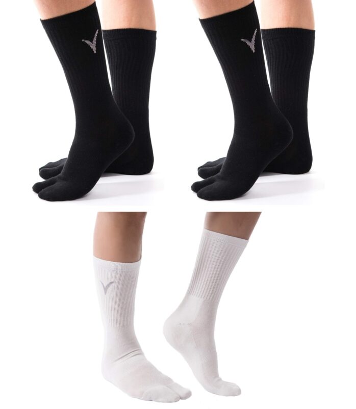 Catalog 9 3 Pairs Thick Flip-Flop Big Toe Socks Crew or Ankle Size: Women 9-12 Men 8-11 Large 2 Black, 1 White