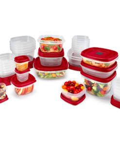 Rubbermaid 60-Piece Food Storage Containers with Lids, Salad Dressing and Condiment Containers, and Steam Vents, Microwave and Dishwasher Safe, Red 21 81lIet3s1L