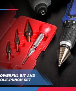 NEIKO 10169A Step Drill Bit Set and Automatic Center Punch | 5 Piece, 41 SAE Sizes Total, 1/8” – 1-3/8” | Titanium High Speed Steel Unibit, Stepper Cone Drill Bit | Two Flute Step Down Bits Straight Tri-Flat Shank 1/8 to 1-3/8", 4 bits 23 81lL5FawDXL