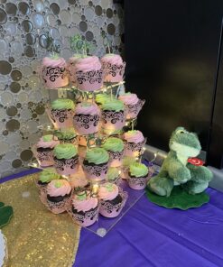 Vdomus 4 Tier Acrylic Cupcake Stand Pastry Stand with LED String Lights Dessert Tree Tower Cake Pyramid for Birthday Wedding Party Babyshower Christmas, Holds up to 50 Cupcakes (Warm) Gold 4 Tier Square 42 81lMKxrNaOL