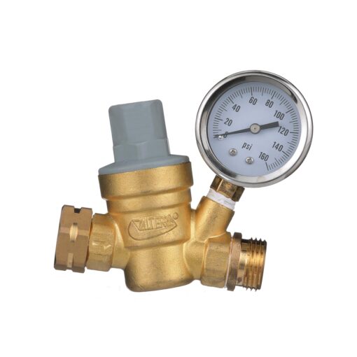 Valterra Water Regulator, Lead-Free Brass Adjustable Water Regulator with Pressure Gauge for Camper, Trailer, RV Plumbing System -