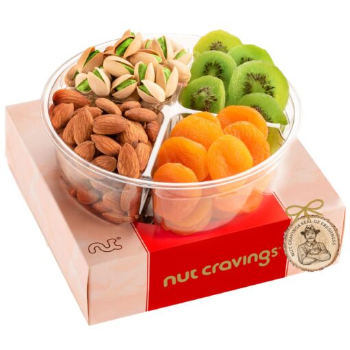 Nut Cravings Gourmet Collection - Dried Fruit & Mixed Nuts Gift Basket in Red Box (4 Assortments) Arrangement Platter, Birthday Care Package - Healthy Kosher USA Made Red Classic (4 Piece Assortment)