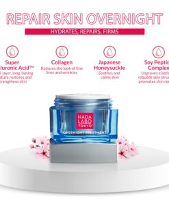 Hada Labo Tokyo Anti-Aging Overnight Treatment, Hyaluronic Acid Night Cream for Intense Hydration, Skin Renewal with Collagen, Japanese Honeysuckle, Soy Peptides, Moisturizing Face Cream, 1.76 oz 10 81m 8XkLWhL