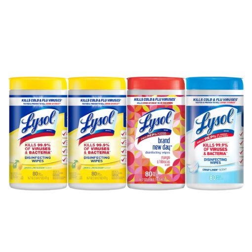 Lysol Disinfectant Wipes Bundle, Multi-Surface Antibacterial Cleaning Wipes, contains x2 Lemon & Lim Blossom, Crisp Linen, Mango & Hibiscus, 80 Count (Pack of 4)