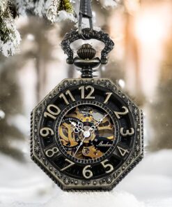 Alternative view of Carrie Hughes Mens Steampunk Railroad Octagon Skeleton Mechanical Pocket Watch with Chain in Box CHPW02