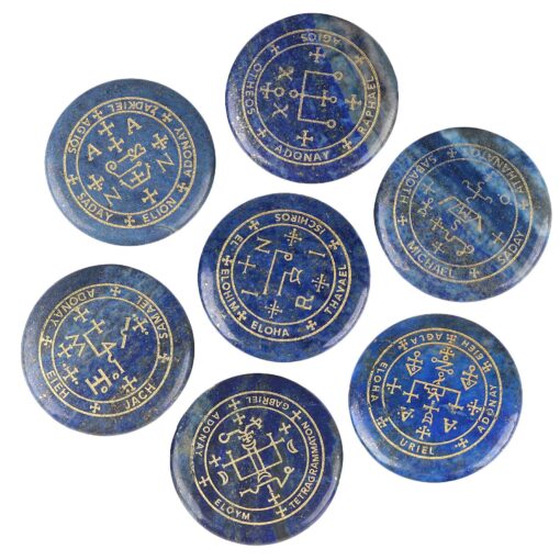 mookaitedecor 7 Piece Lapis Lazuli Stones with Engraved Magic Archangel Symbol Polished Palm Stone for Reiki Crystal Healing #2-lapis Lazuli/Magic Archangel Symbol(set of 7)