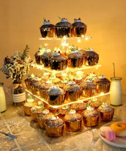 Vdomus 4 Tier Acrylic Cupcake Stand Pastry Stand with LED String Lights Dessert Tree Tower Cake Pyramid for Birthday Wedding Party Babyshower Christmas, Holds up to 50 Cupcakes (Warm) Gold 4 Tier Square 29 81mXeM pTkL