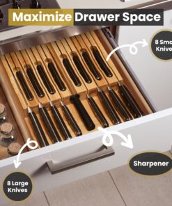 Alternative view of Eltow Bamboo Knife Drawer Organizer, In-Drawer Universal Knife Block with Safety Slots for 16 Knives (Not Included) and Slot for Knife Sharpener, Elegantly Crafted from Premium Moso Bamboo