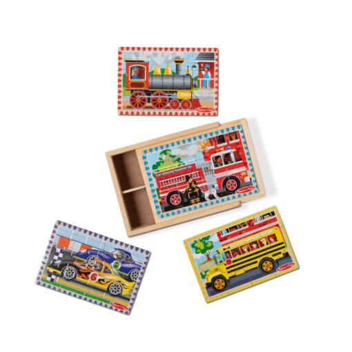 Melissa & Doug Vehicles 4-in-1 Wooden Jigsaw Puzzles in a Storage Box (48 pcs) - Toddler , Fire Truck Puzzles For Kids Ages 3+[Design may vary], 7.75 x 5.7 x 2.5