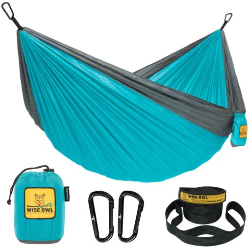 Wise Owl Outfitters Camping Hammock - Camping Essentials, Portable Hammock w/Tree Straps, Single or Double Hammock for Outside, Hiking, and Travel Blue & Grey Medium