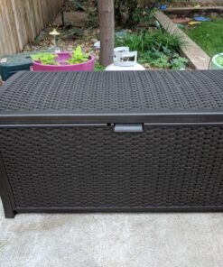 Suncast 99 Gallon Resin Wicker Patio Outdoor Storage Container for Toys, Furniture Deck box, Mocha 63 81mxKKlmLCL