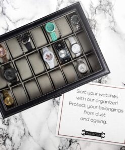 Watch Box Organizer Pillow Case 24 Slot Display Cases With Framed Glass Lid Elegant Contrast Stitching Sturdy and Secure Lock for Men Women Watch and Jewelry Large Holder Boxes 22 81myKyWBJbL