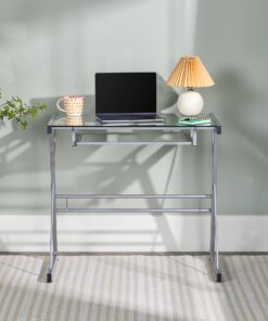 Walker Edison Metal and Glass Work From Home Laptop Computer Gaming Desk with Slide In Keyboard Tray Home Office, 31 Inch, Silver Single Desk Stanford 32 81n0GPODt L