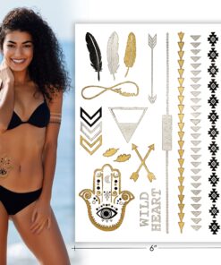 Terra Tattoos Metallic Gold Henna Temporary Tats 75+ Mandala Tattoos Feathers, Dream Catcher, Arrows Waterproof Nontoxic Long Lasting for Beach, Festivals, & Parties 20 81n17UCXyJL