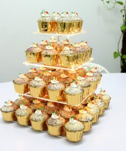 Alternative view of Vdomus 4 Tier Acrylic Cupcake Stand Pastry Stand with LED String Lights Dessert Tree Tower Cake Pyramid for Birthday Wedding Party Babyshower Christmas, Holds up to 50 Cupcakes (Warm) Gold 4 Tier Square