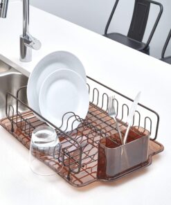 iDesign Forma Lupe Stainless Steel Metal Sink Dish Drainer Plastic Tray Kitchen Drying Rack For Glasses, Silverware, Bowls, Plates, 13.3" x 17.5" x 5.2", Bronze Set of 1 22 81nhhYRal5L