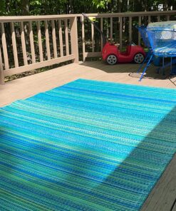 Fab Habitat Outdoor Rug - Waterproof, Fade Resistant, Crease-Free - Premium Recycled Plastic - Striped - Large Patio, Deck, Sunroom, Camping, RV - Cancun - Turquoise & Moss Green - 6 x 9 ft 6' x 9' Rectangular 40 81nrDWXotmL 1