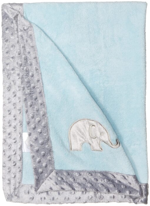 Bacati - Elephants Light Blue with Grey Border Embroidered Blanket 30 x 40 Inch