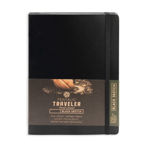 Pentalic Traveler Midnight Sketch Black Paper Journal, 160 Pages, Black (6" x 8") 6-inch x 8-inch, Black