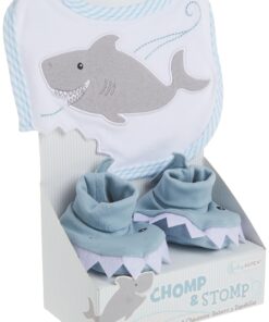 Baby Aspen Bib and Booties Gift Set, Chomp and Stomp Shark, 0-9 Month White/Grey 8 81oG1hwyYHL