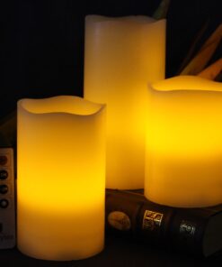 LED Lytes Timer Remote Control Flameless Candle Set, 3 Flickering Candles, 3 in Wide by 4, 5, 6 in Tall, Real Ivory Wax and Amber Flame, Home Decor, Large Battery Powered for Gifts for Mom Round Ivory Wax and Amber Flame 29 81oLF B8ORL