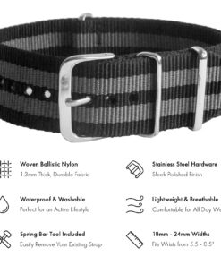 Benchmark Basics Nylon Watch Band - Waterproof Ballistic Nylon One-Piece Military Watch Straps for Men & Women - Choice of Color & Width - 18mm, 20mm, 22mm or 24mm Black / Grey Bond Striped 19 81oM Sxn8pL