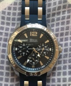 GUESS Stainless Steel Stain Resistant Silicone Watch with Day, Date + 24 Hour Military/Int'l Time Blue/Blue/Silver Tone 38 81oN0p3A2RL