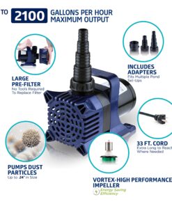 Alternative view of Alpine Corporation 2100 GPH Submersible Water Pump with 33 FT Cord and Adapters for Ponds, Fountains, Waterfalls, and Water Circulation, 192 Watts 20 FT Lift Quiet Operation Vertical/Horizontal