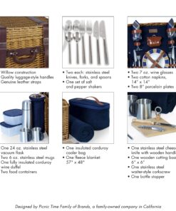 PICNIC TIME Romantic Canterbury Deluxe Wicker Picnic Basket Set for 2, with Blanket and Soft Cooler, One Size, Navy with Plaid 41 81oaty32dtL