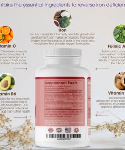 Iron Supplement for Women & Men, Natural Ferrous Chelate, Bisglycinate 25mg + Vitamin C, B6, B12, Folic Acid - Iron Pills for Anemia, Iron Deficiency & Energy Support - 120 Count 1 20 81ogL6u9MxL 1