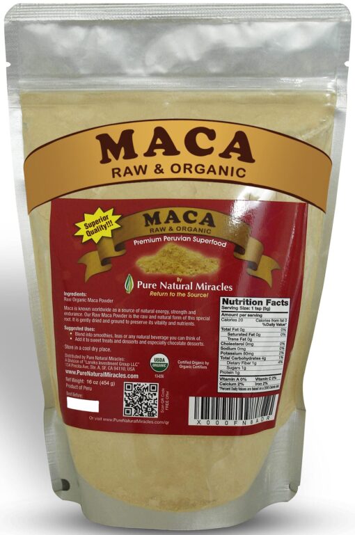 Pure Natural Miracles Maca Root Powder Organic -1 Pack of 16 oz - Raw Superfood for Men & Women - Premium Peruvian Quality - Helps Boost Energy & Stamina