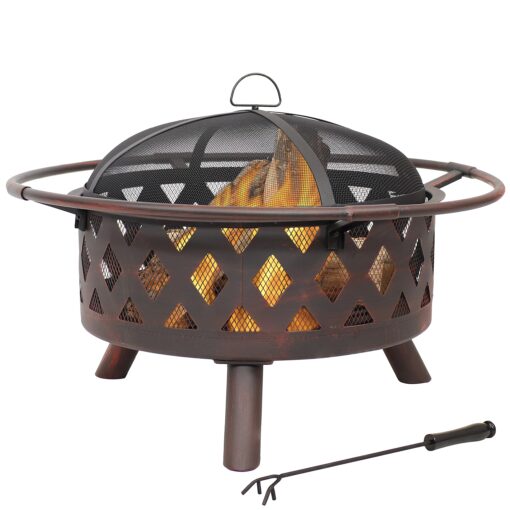 Sunnydaze Bronze Crossweave Wood-Burning Fire Pit - Includes Spark Screen, Fireplace Poker, and Round Cover - 30-Inch 30 in