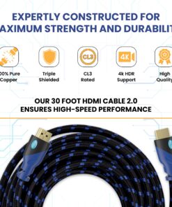 AURUM CABLES 30ft HDMI Cable 4K@60Hz Ultra HD, High Speed with Ethernet HDMI Cable Braided Nylon & Gold Connectors, ARC, CL3 Rated - Compatible with TV, PC, Monitor, Laptops, PS3, PS5, PS4 30 FT 1 Pack 12 81p4bj9XC4L