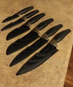 Chef Essential Carbon Steel Culinary Knife Set – 6-Piece Sharp Knife Set – Meat, Veggie, Bread Knife Set – Nonstick Chef Knife Cooking Knives – Professional Sharp Kitchen Knife Set Without Block Solid Black Set 38 81pD5ZevCyL