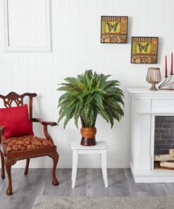 Alternative view of Nearly Natural 6628 Boston Fern with Bamboo Vase Decorative Silk Plant, Green 12" x 12" x 35"