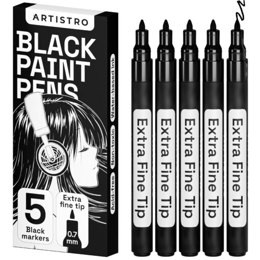 ARTISTRO Black Paint Pens for Rock Painting, Stone, Ceramic, Glass, Wood, Tire, Fabric, Metal, Canvas. Set of 5 Water Based Black Markers for Acrylic Painting Extra Fine Point Tip 5 Extra-Fine Black