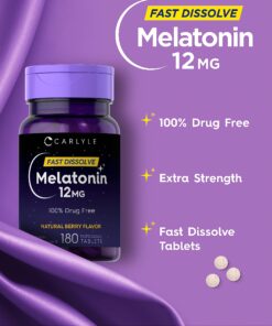 Carlyle Melatonin 12 mg Fast Dissolve 180 Tablets | Drug Free | Natural Berry Flavor | Vegetarian, Non-GMO, Gluten Free 180 Count (Pack of 1) 28 81piOU8CYML