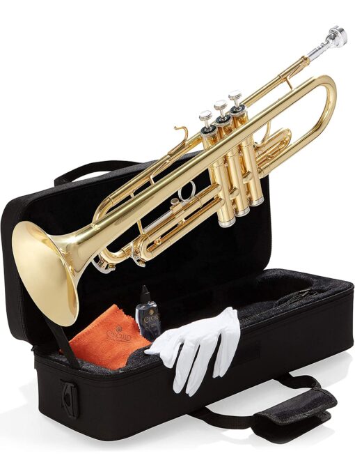 Mendini By Cecilio Bb Trumpet - Trumpets for Beginner or Advanced Student w/Case, Cloth, Oil, Gloves - Brass Musical Instruments For Kids & Adults Gold