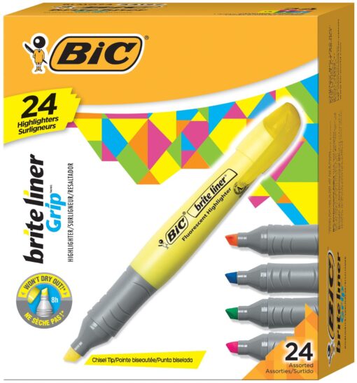 BIC Brite Liner Grip XL Highlighter, Chisel Tip, Assorted Colors, For Broad Highlighting & Fine Underlining, 24-Count 24 Count