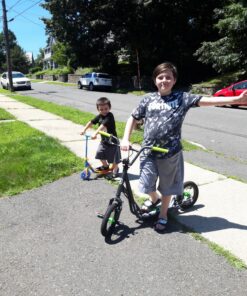 Mongoose Expo Youth Kick Scooter, Suggested for Riders with Ages 6 to 9 Years Old, Max. Weight of 175 lbs., Front and Rear Caliper Brakes, Rear Axle Pegs, 12-Inch Inflatable Wheels Green/Grey 38 81pngj8EfrL