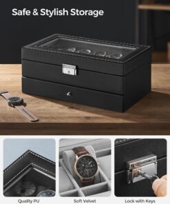 SONGMICS 12-Slot Watch Box, Lockable Watch Case with Glass Lid, 2 Layers, with 1 Drawer for Rings, Bracelets, Gift Idea, Black Synthetic Leather, Gray Lining UJWB012 Black + Gray 12 Slot 27 81ppksAzQKL