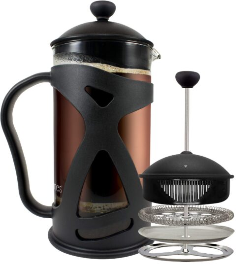 KONA French Press Coffee Press Maker With Reusable Stainless Steel Filter, Large Comfortable Handle & Glass Protecting Durable Black Shell (34 oz, 8 cups) 1000ml