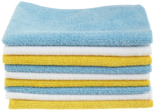 Amazon Basics Microfiber Cleaning Cloth, Non-Abrasive, Reusable and Washable, Pack of 144, Blue/White/Yellow, 16" x 12"