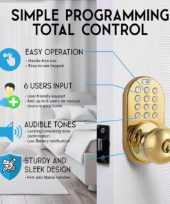 MiLocks TKK-02P Digital Door Knob Handle Lock with Electronic Keypad - Keyless Entry Smart Door Lock with Adjustable Latch Locks, Audible Tones for Interior Front Doors & More, Polished Brass 20 81qqOH4W0LL