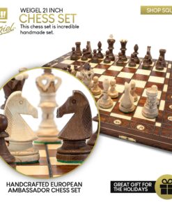 Wegiel Handmade European Ambassador Chess Set - Wooden 21 Inch Beech & Birch Board with Felt Base - Carved Hornbeam & Sycamore Wood Chess Pieces Ambassador - Brown 61 81qsVaNZdmL