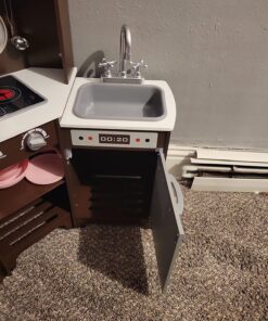 Amazon Basics Kids Corner Wooden Kitchen Toy Playset with Stove, Oven, Sink, Fridge and Accessories, for Toddlers, Preschoolers, Children Age 3+ Years, Espresso/Gray, 39.37"L x 28.35"W x 35.04"H Corner Kitchen 43 81r SNm7TwL