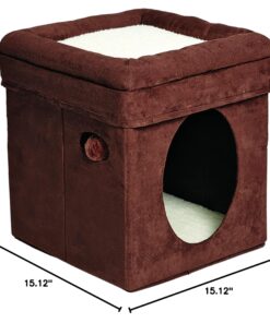 MidWest Homes for Pets 137-BR 'The Original' Curious Cat Cube, Cat House / Cat Condo in Brown Faux Suede & Synthetic Sheepskin Brown Single Story 39 81r1Q3HTtNL 3